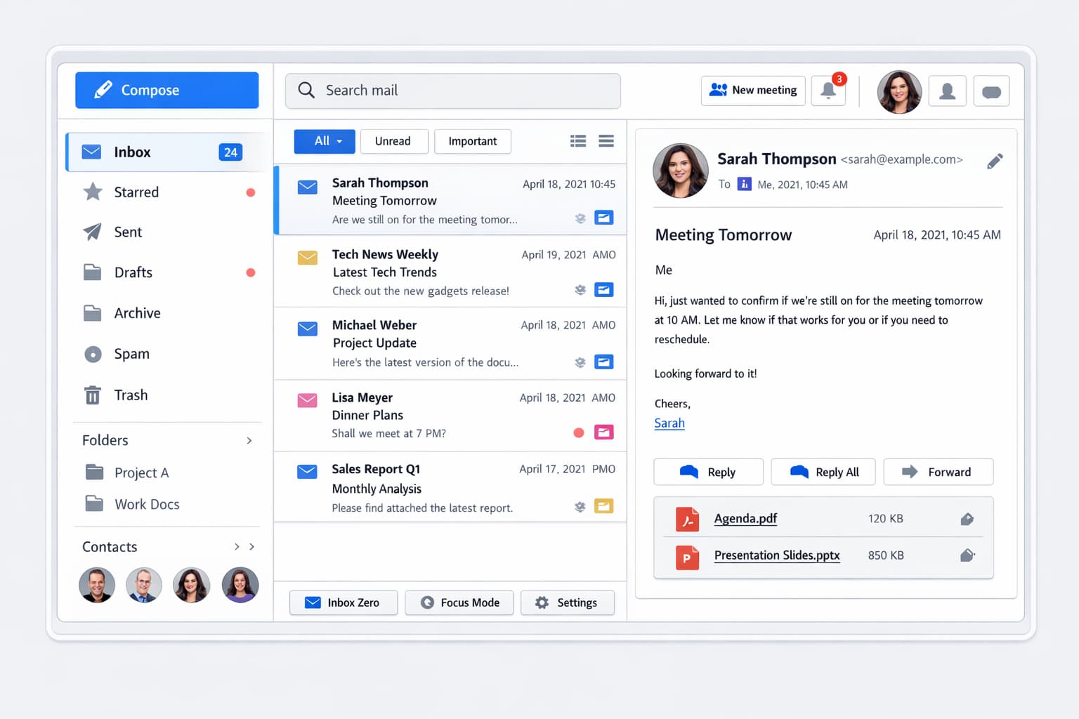 GlowMail Interface Mockup im hellen Day Mode.