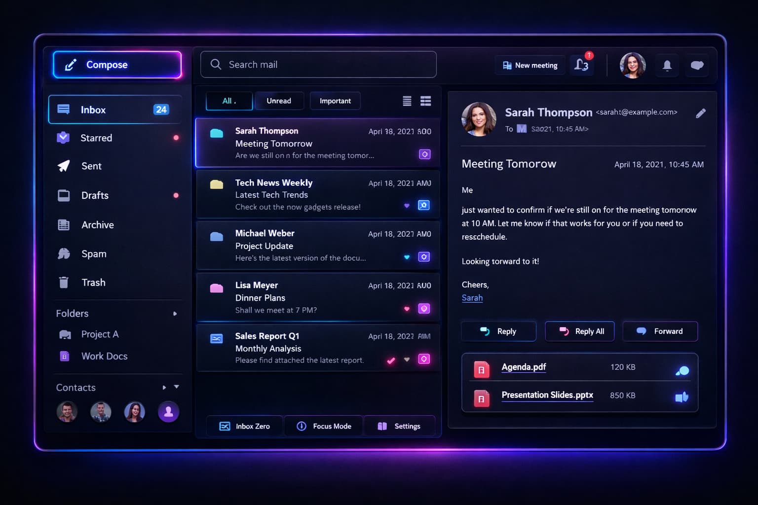 GlowMail Interface Mockup im Night Mode mit Neon-Akzenten.